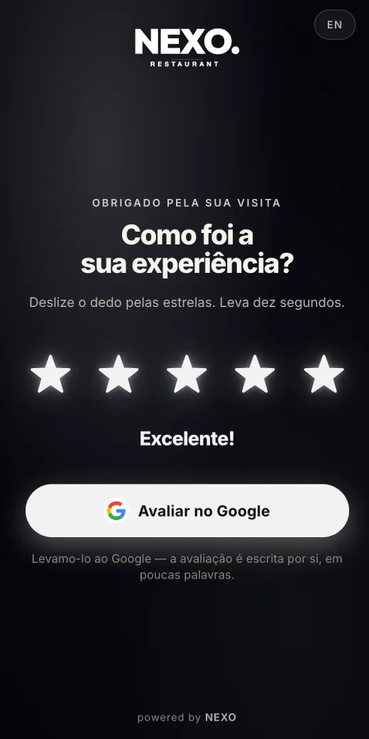 Página de avaliação NEXO no telemóvel: cinco estrelas escolhidas e o botão «Avaliar no Google».