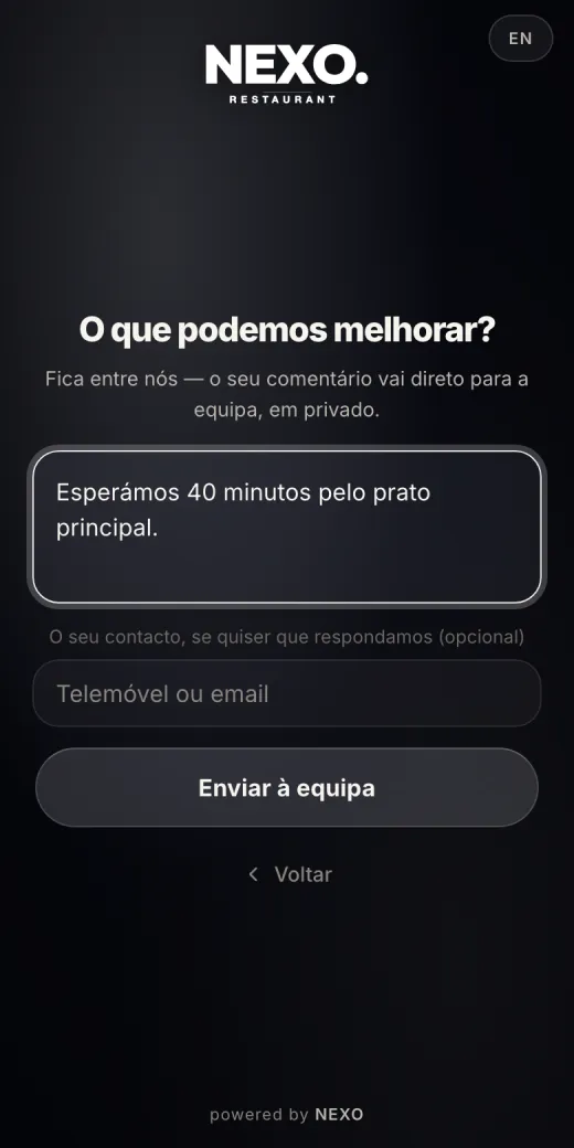 Página de avaliação NEXO no telemóvel depois de uma nota baixa: caixa «O que podemos melhorar?» com o comentário do cliente e o botão «Enviar à equipa».